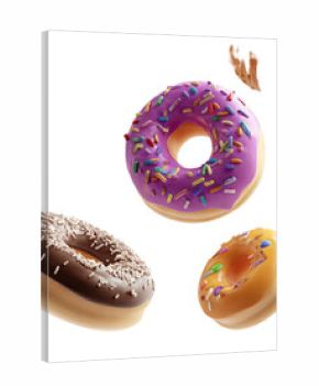 Three colorful donuts in mid-air, showcasing various toppings