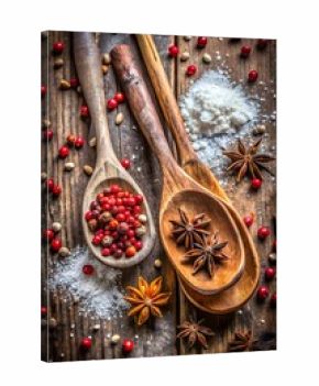 3d icon of a rustic overhead shot of wooden spoons filled with colorful peppercorns, star anise, and white powder on a dark wooden surface
