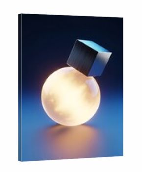 Abstract metallic cube balancing on a luminous orb in soft light effect
