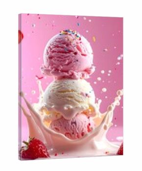 Delicious 3d Stacked Ice Cream Cones With Colorful Sprinkles And Fresh Strawberries 