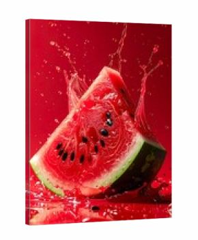 Close up 3d render of a refreshing watermelon slice splashing juicy water