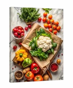 3d icon of a vibrant overhead shot of fresh, raw vegetables arranged artfully on a marble countertop, featuring cauliflower, tomatoes, peppers, and herbs, perfect for healthy eating concepts