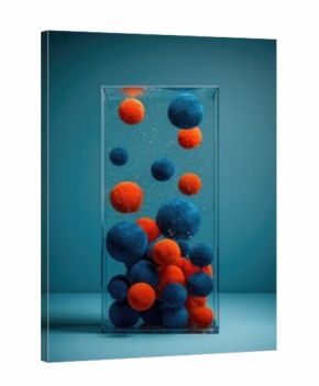 Abstract spheres in a clear box,  teal backdrop