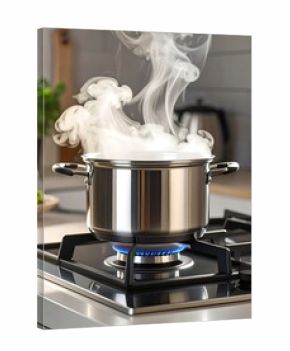 Cooking pot on a gas stove, steam rising