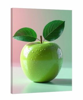 A vibrant green apple, glistening with water droplets, sits on a pale surface against a soft pink and green backdrop  two fresh leaves adorn its stem