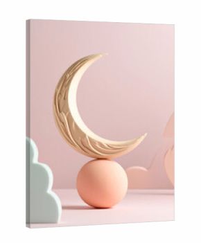 3D crescent moon balanced on a soft pastel sphere  