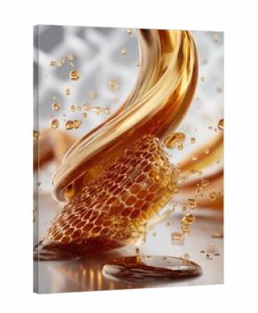 Golden honey flowing and splashing, showcasing honeycomb