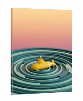 Yellow submarine toy navigating the center of a circular maze, a minimalist 3d illustration for a journey or problem-solving concept