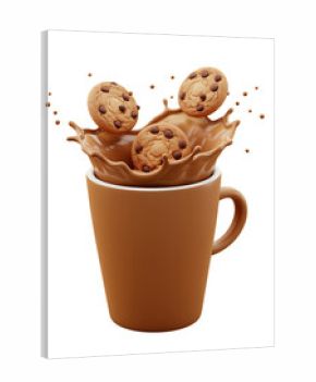 Chocolate splash with cookies falling into a mug 3d render on transparent background