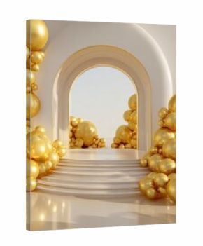 Elegant Archway Surrounded by Golden Spheres in Sunlit Space