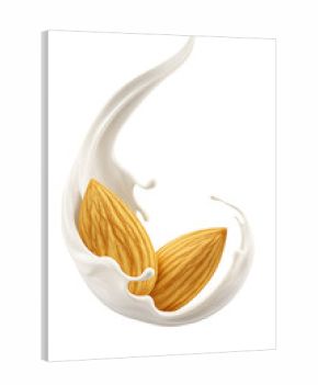 Almonds in a milk splash. Creamy almond milk swirl with two fresh nuts, 3D render isolated on transparet background. 