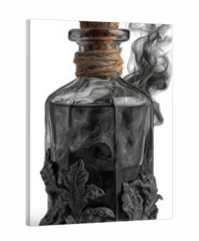 Ornate vintage potion bottle with cork stopper emitting black smoke, monochrome, for Halloween or fantasy concepts against a white background