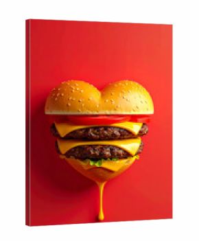 3d rendering of a heart made of hamburger layers and melted cheese, saturated red background, symbolic concept of heart disease caused by junk