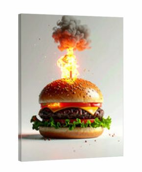 3d rendering of a minimalist concept burger designed like a bomb with a burning fuse, 45 clean studio setup.