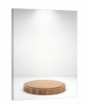 Wooden plate podium and white stage. Realistic 3d vector wood round platform or showcase on white wall background with soft lighting, for displaying cosmetic products, presentation or exhibition