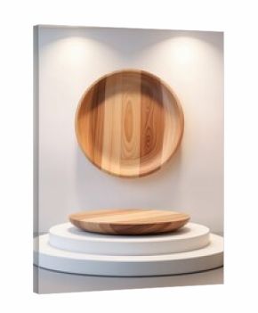 Wooden plate podium and white stage. Realistic 3d vector wood round platform or showcase on white wall background with soft lighting, for displaying cosmetic products, presentation or exhibition
