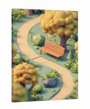 3d Isometric clay smooth park bench trees path