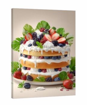 A layered cake adorned with fresh berries and whipped cream, sitting atop a decorative plate