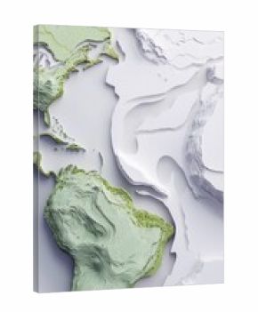 A detailed, abstract sculpture of the Earth's continents, with North and South America rendered in textured green and Europe and Asia in stark white, creating a