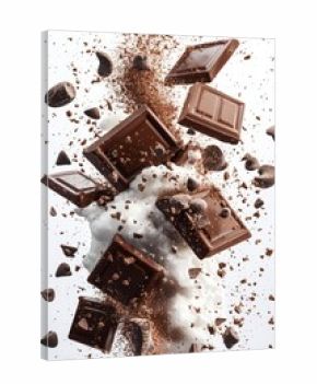 3D render flying chocolate pieces with cocoa powder and milk splash, isolated on white background