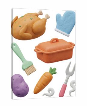 Colorful claymation Thanksgiving dinner elements isolated on white background. Includes turkey, vegetables, oven mitt, brush and serving dish.