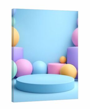 3D pastel podium with abstract spheres and cylinders
