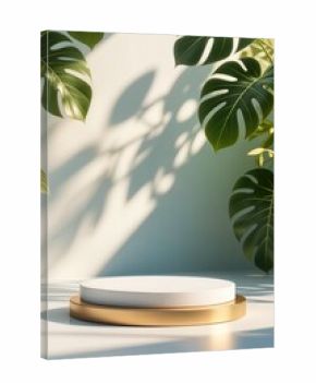 Modern background platform cosmetic podium product display with sunlight leaves background. 3d rendering.