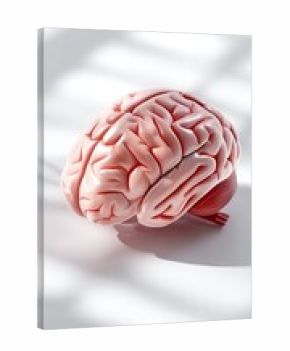 3d render of a pink brain on a white table showing shadows and light in a minimalist style for educational and creative purposes