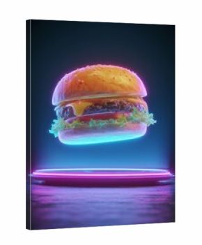 3D rendering of a futuristic cheeseburger with glowing neon outlines and floating ingredients, levitating over a reflective plate in a dark setting