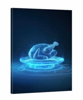 A digital representation of a prepared roast chicken is presented on a plate. ..Created with Generative AI, not depicting real subjects.