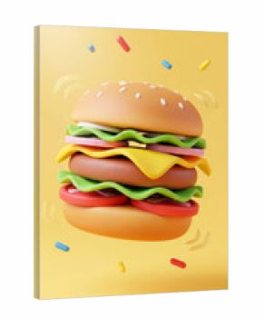 3d rendering of a delicious, stylized double cheeseburger floating