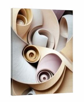 An artistic composition of abstract 3D shapes featuring swirls, curves, and various textures and colors.