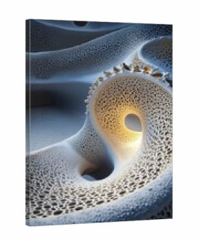 An abstract image of a cellular structure with a hole and a textured surface, illuminated with warm light.