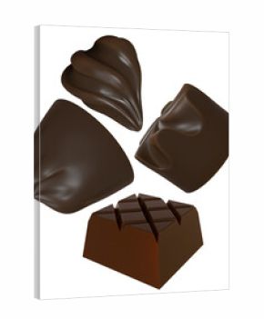 realistic 3d render of various decadent dark chocolate confectionery pieces, including pralines and truffles, isolated on black.