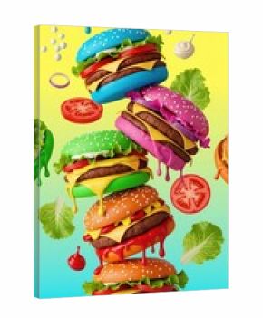 Surreal stack of colorful pop art cheeseburgers floating and dripping. Creative 3d illustration of vibrant fast food on gradient background