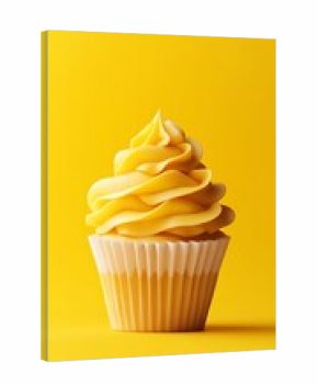 Bright yellow background with a 3D small cupcake with a swirl of icing in the middle, soft and tempting 