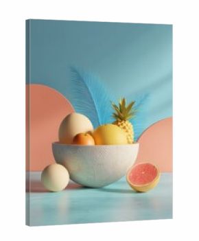 Unique 3D Clay Render of Summer Fruits in Stylish Bowl with Vibrant Background Colors