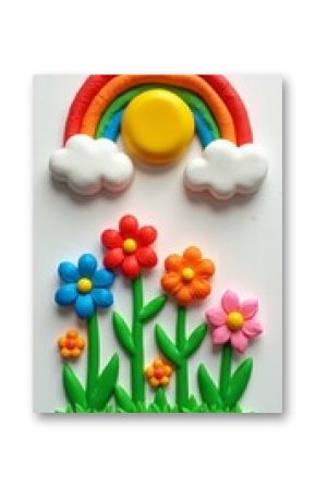 3D Plasticine Spring Flowers and Sun with Rainbow
