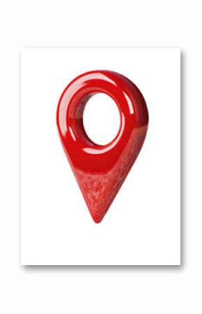 Red pin with circular hole on city map. 3D marker with metallic steel reflective surface. Global navigation system icon for web and mobile design. Pointer symbol for location and direction. Isolated.