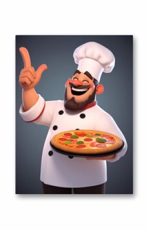 a 3d cartoon chef holding a pizza and giving a thumbs up
