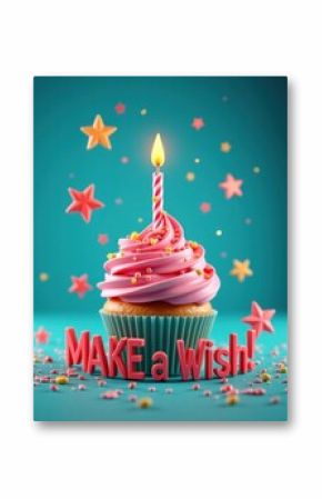 Make a wish happy birthday cupcake 3d with birthday candle