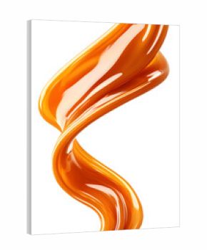 Caramel splash, sweet liquid candy swirl and wave, splashing with droplets. 3d Melted toffee syrup with splatters and dynamic motion isolated on white background