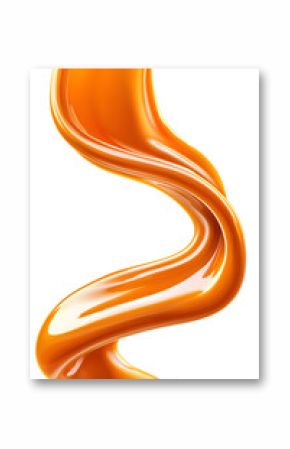 Caramel splash, sweet liquid candy swirl and wave, splashing with droplets. 3d Melted toffee syrup with splatters and dynamic motion isolated on white background