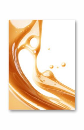 Caramel splash, sweet liquid candy swirl and wave, splashing with droplets. 3d Melted toffee syrup with splatters and dynamic motion isolated on white background
