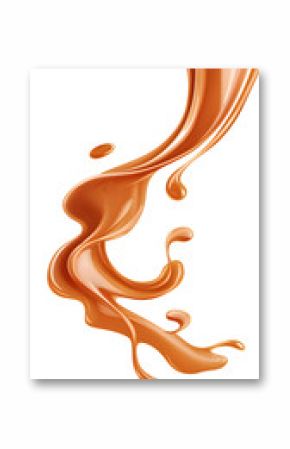 Caramel splash, sweet liquid candy swirl and wave, splashing with droplets. 3d Melted toffee syrup with splatters and dynamic motion isolated on white background