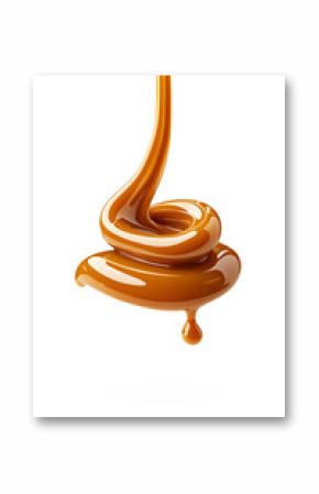 Caramel splash, sweet liquid candy swirl and wave, splashing with droplets. 3d Melted toffee syrup with splatters and dynamic motion isolated on white background