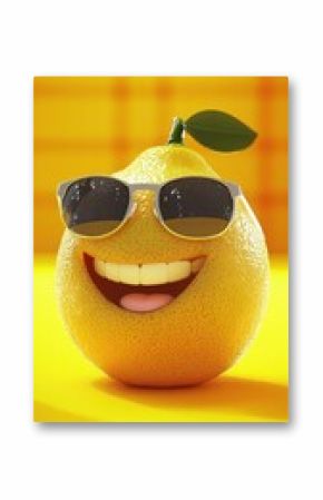 Playful cartoon-style lemon with a smile and sunglasses, isolated on a bright yellow background.