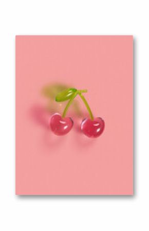 Vintage vertical pink 3d background with cherries in the shape of hearts. Valentine day romantic passion design. Social media stories template. Shiny plastic or colored glass berry.