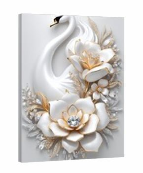 3d illustration Luxury 3d jewelry diamond flower swan white silk background wall Decors