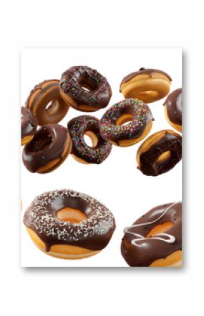 Donuts with chocolate glaze, sprinkles, white drizzle, and dots isolated on white transparent background. 3d rendering and illustration of dessert variety
